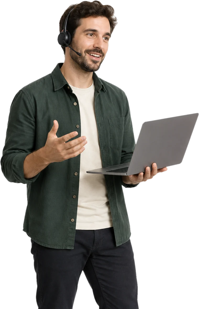 Illustrative adult engineer wearing a headset and holding a laptop